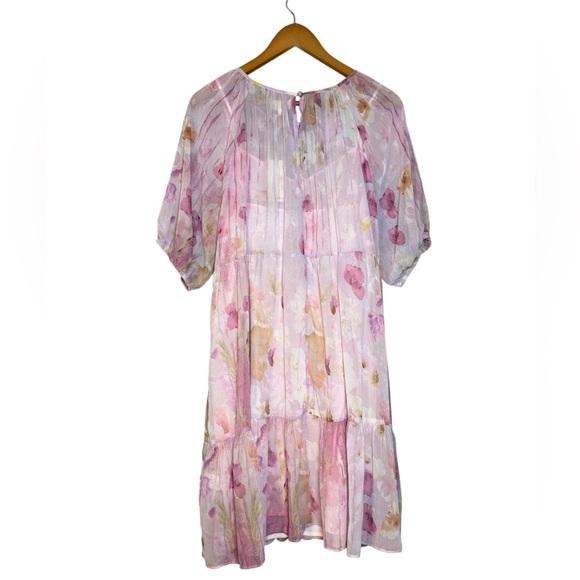 Melloday Pink Floral Tiered Mini Dress Boho Blouson Sleeve NWT Women’s M - Picture 6 of 7